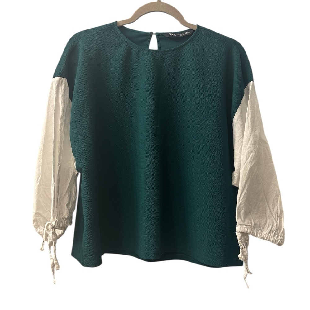 Zara Teal and Cream Blouse with Contrast Sleeves